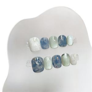 TEMU 10개입 순수 수제 캣아이 우아한 스타리 스카이 블루 착용 가능 네일, 숏 스퀘어 라운드 형태, 블루 & 화이트 마블 패턴과 실버 라인 악센트 - 재사용 가능한 인조 네일, 데일리 웨어, 파티 이벤트, 휴일 선물용 패션|네일팁