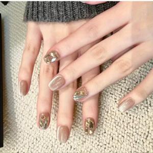 TEMU 2011# 10개 샴페인 캣아이 새로운 스타일 네일 아트, 가을 겨울용 고급형 숏화이트 수제 프레스온팁, DIY 매니큐어, 장식된 샴페인색 손톱, 광택감 있는 디자인, 파티룩 & 패션러버를 위한 인조네일