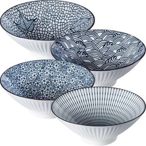 TEMU 4개 대형 일본 라멘 & 푸 볼 컬렉션 - 38oz 블루 & 화이트 국수 수프 볼, 가정용, 레스토랑, 라멘용 - 가족 식사 & 일본 음식 애호가를 위한 완벽한 세트, 4개 볼 포함