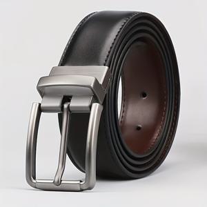 TEMU 남성용 스타일리시 벨트, 양면으로 브라운 및 블랙 색상 제공. 벨트에는 회전식 브러시 롤러 버클이 특징이며, 고품질 가죽으로 제작되어 캐주얼 및 포멀 웨어에 적합하며 젊은 남성들이 청바지 착용할 때 완벽합니다. 이