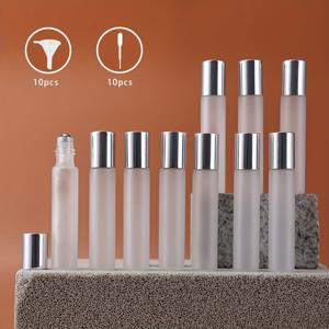 TEMU 10Ml 각 10개입 흰색 프로스트 투명 병, 은색 캡 및 스틸 볼 포함 - 리필 가능 빈 롤러 용기, 깔때기 10개 및 스포이드 10개 포함, 에센셜 오일, 향수 및 세럼에 적합 (누출 방지, 재사용 가능)