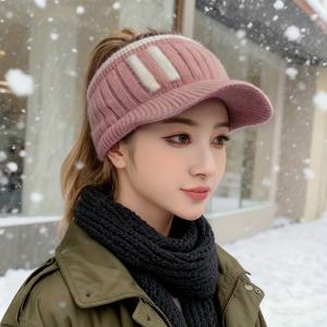 TEMU 여성용 겨울 모자, 모든 사이즈에 맞는 탄력적 핏, 스키, 야외 및 추운 날씨용 따뜻한 빈 상단 캡 | 포니테일/C 브레이드에 다용도 | 손세탁 가능 (중국 스타일/다른 언어 사용 가능)