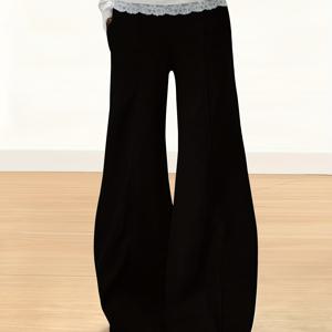 TEMU 여성용 우아한 하이웨이스트 블랙 & 화이트 대비 레이스 벨바텀 플레어 팬츠 - 와이드 헴 - 사계절 캐주얼, 드레시, 웨딩 & 파티웨어 - 세탁기 사용 가능