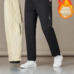 TEMU 남성용 기모 안감 따뜻한 런닝 바지 | 편안한 부드러운 원단, 듀얼 지퍼 포켓, 드로스트링 허리, 겨울에 이상적, 캐주얼 단색 스타일