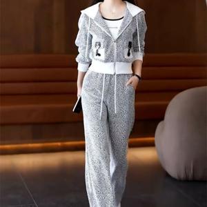 TEMU 캐주얼 스포츠 수트 여성용 2025 봄가을 신상 연령감소 후드 가디건 자켓 80년대 여성 투피스 세트