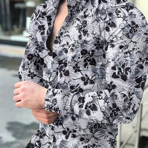 TEMU 봄 가을용 레트로 스타일 꽃 프린트 남성 캐주얼 롱 슬리브 버튼 업 라펠 셔츠