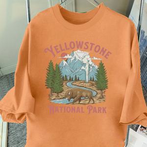 TEMU 플러스 사이즈 - 플러스 사이즈 만화 산 프린트 풀오버 티셔츠, 봄/여름용 다용도 여성용 라운드넥 캐주얼 반팔 상의