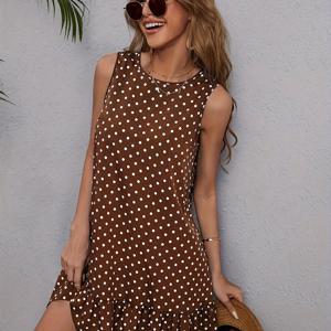TEMU 여성용 플러스 사이즈 도트 무늬 인형집 드레스 - 우아한 프릴 민소매 여름 원피스, 갈색 & 흰색 라운드 넥 기계 세탁 가능 봄/여름 캐주얼 의상, 패션 인형 옷, 신축성이 없는 원단, 통기성 좋은 소재, 인형 수집가용