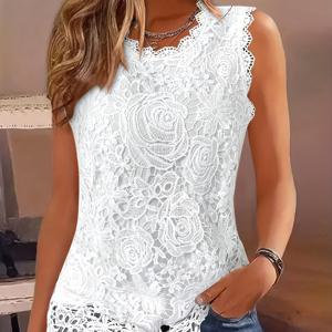 TEMU 방향성 발달 여름 단색 엠보싱 레이스 라운드넥 우아한 민소매 탑