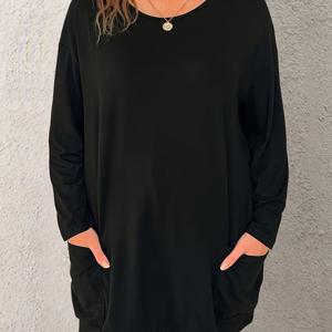 TEMU 플러스 사이즈 - 솔리드 컬러 긴팔 탑, 플러스 사이즈 여성용, 라운드넥의 다용도 긴 티셔츠