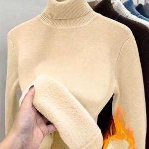 TEMU 여성용 플리스 터틀넥 스웨터, 겨울용 신축성 좋은 긴팔 풀오버, 편안한 베이스 레이어 탑, 단색 캐주얼 H자형 컷팅, 높은 탄성 원단, 새로운 우아한 레트로 플러시 안감 두꺼운 보온 풀오버.