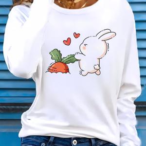 TEMU 여성용 귀여운 만화 토끼 및 무지개 무늬 긴팔 티셔츠, 캐주얼 크루넥 니트 탑, 95% 폴리에스테르 5% 스판덱스, 약간의 스트레치, 올 시즌 착용, 180gsm - 화이트