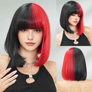 TEMU NAMM 할로윈 코스튬 가발 합성 모발 블랙 레드 보브 웨이브 앞머리 악마 가발 여성용