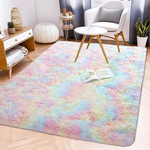 TEMU 1개 포함형 플러시 샤기 매트 - 파스텔 무지개 그라데이션, 초소프트 100% 폴리에스터, 거실/침실/게임룸용 대형 면적 매트(≥2.16㎡), 가볍고 세척 쉬움