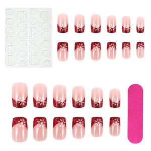 TEMU 24개/세트 레드 숏 스퀘어 프레스온 네일 세트, 그라데이션 눈꽃 글리터 디자인, 우아하고 스타일리시한 탈부착형 인조네일 + 클리어 젤리 접착제 & 스크래퍼 포함, 파티 매니큐어와 크리스마스 선물에 완벽