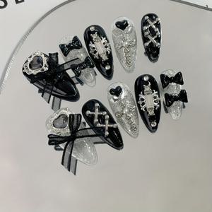 TEMU 핸드메이드 Y2K 스위트 & 쿨 아몬드 프레스온 네일, 글리터 리본, 하트, 십자가 & 라인스톤 - 중간 길이, 블랙 & 클리어 디자인, 트렌디한 매니큐어, 네일 아트 용품|네일|네일아트|네일재료