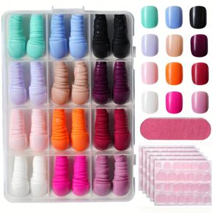 TEMU 288개 아크릴 광택 짧은 프레스온 인조 손톱, 12가지 색상 디자인 네일 세트, 젤리 글루 6개와 네일 파일 포함, 여성용 및 데일리 레저 착용을 위한 네일 장식에 적합