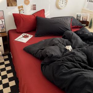 TEMU 대형 사이즈 4피스 침구 세트, 북유럽 스타일, 단색 패치워크, 이불 커버 1개 + 베갯잇 2개 + 시트 1개 조합, 블랙 앤 레드 개인화 트렌드, 화학 섬유 원단, 워싱 처리, 부드럽고 피부 친화적, 사계절 스타일