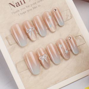 TEMU 30개입 중간 크기 물방울 모양 인조 손톱 | 글로시 그라데이션, 5각 및 핑크 리본 플래시 드릴 디자인, 여성용, 젤리 글루 및 네일 파일 포함