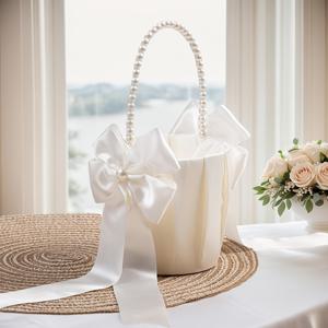TEMU 1개 세트 모던 화이트 폴리에스터 진주 손잡이 꽃바구니 - 새틴 리본 장식, 접이식 웨딩 & 발렌타인데이 데코, 다용도 이벤트 파티 액세서리, 할로윈, 크리스마스, 새해, 발렌타인데이 및 파티 이벤트용 장식 꽃통