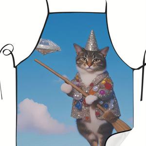TEMU 레트로 스타일 고양이 패턴 주방 앞치마 - 기발한 마녀 모자와 빗자루 디자인에 반짝이는 장식, 요리 및 할로윈 파티용 내구성 있는 원단, 손세탁/드라이클리닝