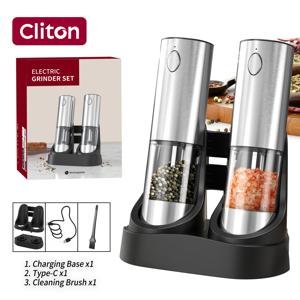 TEMU 충전식 CLITON 전기 소금/후추 그라인더 세트, 스테인리스 스틸 향신료 그라인더, 자동 후추 밀, 편리한 듀얼 충전 , 흰색 LED 조명, 조절 가능한 굵기, 실버 마감, 휴일 및 주방에 적합