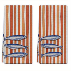 TEMU 2개 세트 주방용 수건 18x26인치 줄무늬, 물고기 무늬 마이크로화이버 흡수성 핸드타월, 요리, 베이킹, 욕실 청소, 야외 활동, 티 파티 장식, 가정 용품