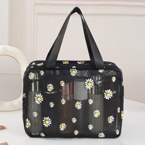 TEMU 대용량 여행 화장품 가방 - 지퍼 클로저 투명 더블 레이어 욕실 정리함, 여성용 휴대용 메이크업 & 샤워 오거나이저, 체육관, 휴가, 일상 사용 - 멋진 액세서리, 데이지 디자인 메쉬, 휴가 필수품, 스타일리시한 손 세척 가능 비즈니스 출장용