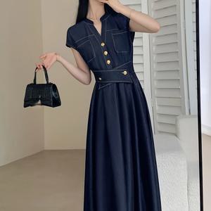 TEMU 홍콩 스타일의 신상 봄/여름 허리라인 강조 슬림핏 롱 드레스