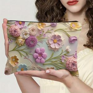 TEMU 스타일리시 플로럴 화장품 파우치 - 지퍼 수납 가능한 내구성 있는 천 소재 메이크업 정리함, 가벼운 여행용 & 홈 데코 스토리지 파우치 (라이트 퍼플 & 핑크), 여성 선물 추천|파우치