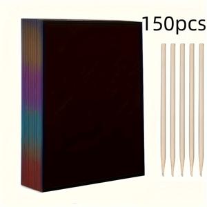 TEMU 100/150개 매직 스크래치 페이퍼 + 대나무 펜 5개, 스크래치 무지개 아트 페이퍼 스크래치 페인팅 키트 + 나무 막대 5개, 생일 파티 휴일 선물, 할로윈 크리스마스 선물, 겨울, 새해, 크리스마스, 할로윈, 추수감사절 또는 친구와 사랑하는 사람들에게 완벽한 선물