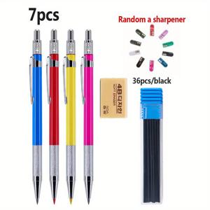 TEMU 신학기 시즌 7pcs/세트 2.0mm 기계식 자동 연필, 솔리드 필링 가능, 샤프너 내장, 데일리 사무용 필기, 스케치, 마킹 문구, 정밀 필기 도구 (펜 4개+연필심 1개+지우개 1개+랜덤 샤프너)