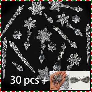 TEMU 2D 평면, 크리스마스 장식 세트 30개 + 2m 실버 스트링 & 30개 후크 - 아크릴 눈송이, 종, 별 DIY 장식 (트리/창문/문/선물 포장용) - 파티 장식 용품 12mm-130mm