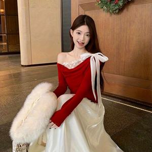 TEMU 여성용 긴팔 티셔츠, 리본과 레이스 패치워크, 슬림하고 우아한 오프숄더 디자인