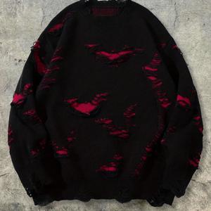 TEMU 남성용 신상 가을/겨울 아메리칸 스트리트 웨스트코스트 디스트레스드 블랙 긴팔 크루넥 풀오버 니트 탑 데일리 캐주얼 웨어