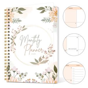 TEMU 1개 A5 2026 월간 플래너, 1년용 스파이럴 오거나이저 1월~12월 2026, 12개월 캘린더 아젠다 북, 월간 계획 페이지 포함, 스타일리시 플라워 리스 커버, 업무, 공부, 일상 사용용