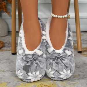 TEMU 여성용 겨울 패션 우아한 실내 슬리퍼, 리본 장식과 눈송이 하트 패턴이 있는 산후용 신발, 따뜻하고 부드러운 미끄럼 방지 밑창 디자인