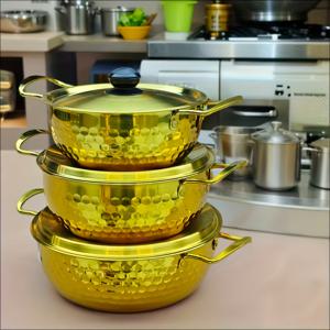 TEMU 3개 스테인리스 스틸 조리 기구 세트: 덮개형 다기능 양손잡이 수프 냄비, 해머링 소형 냄비, 한국식 불고기 냄비, 면 냄비, 해산물 냄비 포함 - 인덕션 조리기 및 야외 캠핑에 적합 - 식기세척기 사용 가능 (냄비 3개 및 그릇 3개)