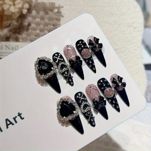 TEMU 10개입 핸드메이드 가을/겨울 파티용 롱 드롭형 네일 세트 (핑크 & 블랙), 여성들을 위한 축제 선물로 완벽