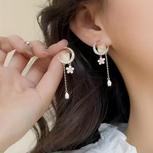 TEMU 여성용 달콤한 핑크 벚꽃 고양이 귀걸이 태슬 장식 - 레트로 중국 스타일, 데일리 웨어, 웨딩 & 파티용, 사계절 액세서리 (도금 불필요)