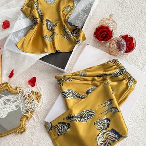 TEMU 레트로 프린트 섹시 파자마 세트 | V넥, 사계절 내내 편안한 성인용 잠옷