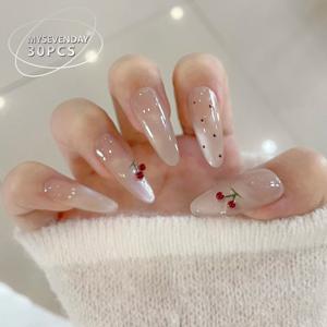 TEMU 30개입 롱 티어 드롭 네일 폴리쉬 | 폴카 도트 및 체리 디자인의 글로시 혼합 컬러 시스템, 핸드메이드 네일 팁, 데일리, 파티, 데이트, 축제 행사에 적합, 젤 및 랩 스트립으로 재사용 가능|네일스티커