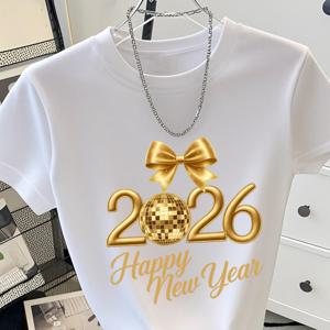 TEMU 스피시 티셔츠로 새해 복을 받으세요 2026. 골드 리본과 라운드넥 디자인의 Y2K 스타일 반팔 티셔츠. 봄, 여름에 완벽하며 여성용 크롭 티셔츠.