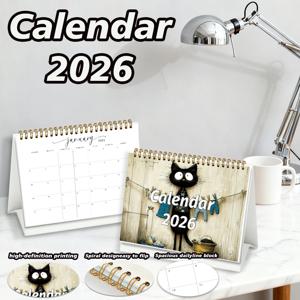 TEMU 2026년 고양이 창의적인 일러스트 캘린더 | 빈티지 손으로 그린 귀여운 고양이 테마 데스크 캘린더 | 각 달에 유머러스한 고양이 일러스트 | 넉넉한 메모 공간 | 아늑한 데스크탑 장식 | 필수 사무용품 | 고품질 종이 | 스프링 제본