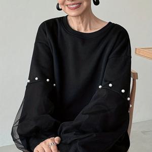 TEMU 여성용 라운드넥 버블 비즈 장식 메쉬 랜턴 슬리브 컬러 블록 솔리드 스웨트셔츠