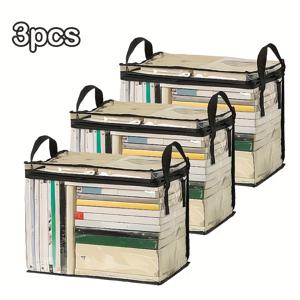 TEMU 3개 세트 헤비듀티 플라스틱 보관함 - 튼튼한 지퍼 잠금 & 접이식 디자인 - 투명 스택 가능 정리함 (침대 밑, 선반, 집, 기숙사, 팬트리용) - 인형, 책, 옷, 전자기기 보관용 다목적 공간 절약형 침대 밑 보관함|책꽂이