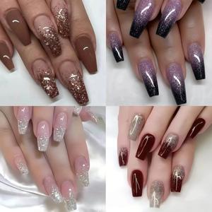 TEMU 96개 글리터 롱 발레 모양 프레스온 네일 세트 | 여성용 소프트 젤 인조 네일, 브라운, 퍼플, 누드, 레드 아크릴 재사용 가능 네일 데코 | 데일리 업무, 여행용, 간편한 부착 및 제거, 광택 마감