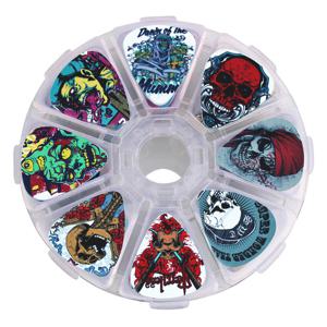 TEMU 50pcs 0.46 0.71 1.0mm 두께 혼합 스타일 기타 선택 PVC 소재 기타 민속 선택 우쿨렐레 손가락 파편, l 음악 요소 만화 해골 우드 그레인 악기 액세서리, 일렉트릭 기타 선택 8 그리드 상자