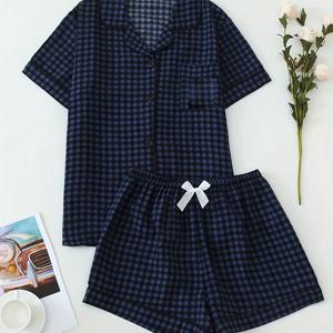 TEMU 편안하고 좋은 시간 만화 격자 세트, 귀여운 스타일, 반팔, 라펠 칼라, 벨트 없음, 봄/여름/가을, 성인 여성용, 리본 디테일|반바지|여름잠옷