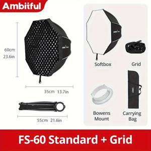 TEMU Ambitful FS40 소프트박스, 다양한 40cm, 60cm, 80cm 사이즈로 제공, 깊은 입구의 팔각형 보웬 마운트로 빠른 설치 설계, Godox 스튜디오 플래시 조명에 적합 (조명 미포함)